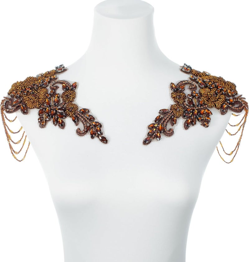 amusediy Brown Pair Beaded Rhinestones Applique Embellishment for Clothes,Epaulettes Shoulder Patches Sew-on Diamond Sequin Applique for Wedding Dress DIY Accessories - Image 1